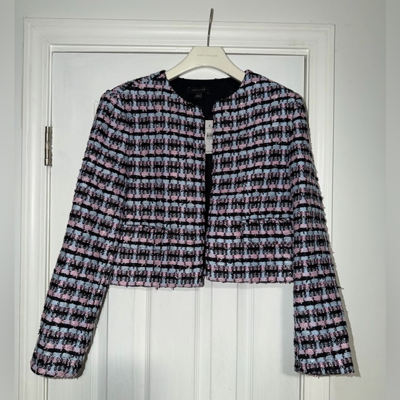 Ann Taylor Jackets & Blazers - Ann Taylor Pink, Black & Light Blue Tweed Cropped Blazer